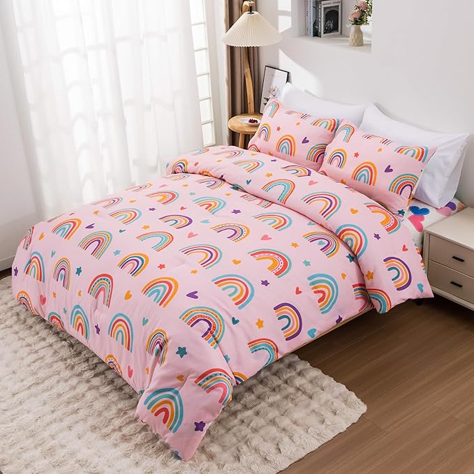Btargot Lightweight Soft 3 Piece Rainbow Comforter Set with 2 Pillow Covers, Cartoon Love Hearts Flowers and Sun Moon Star Bedding Set for Girls Boys Kids, Queen Blush