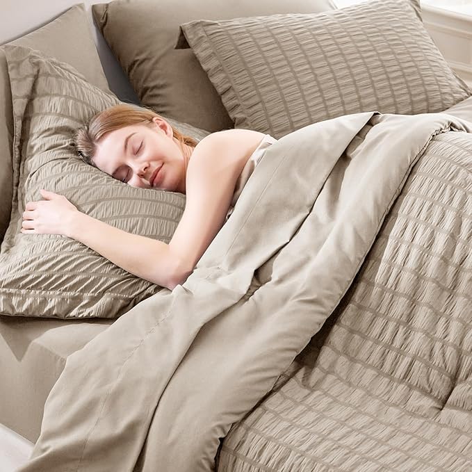CozyLux King Size Comforter Set Khaki Seersucker 7 Pieces Bed in a Bag King Comforter Set with Sheets, Luxury Soft Bedding Set with Down Alternative Comforter, Sheets, Pillowcases & Shams All Seasons