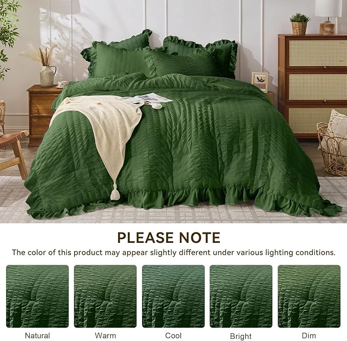 JOLLYVOGUE Dark Green King Comforter Set, 3 Pieces Seersucker Comforters King Size, Lightweight & Fluffy Bedding Sets King for All Season with 1 Ruffle Comforter and 2 Ruffle Pillowshams