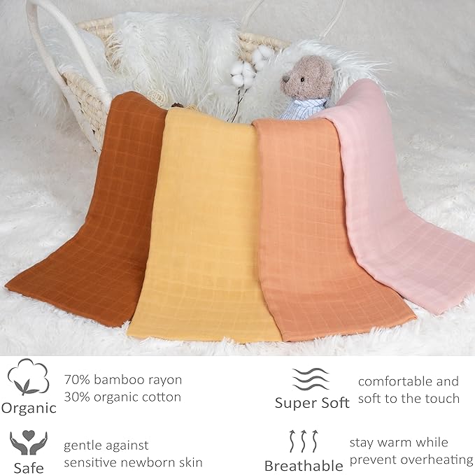 Meracorallo Muslin Swaddle Blanket Silky Soft Receiving Blanket Swaddle Wrap for Baby Boys and Girls, Large 47 x 47 inches, Set of 4 Solid Color