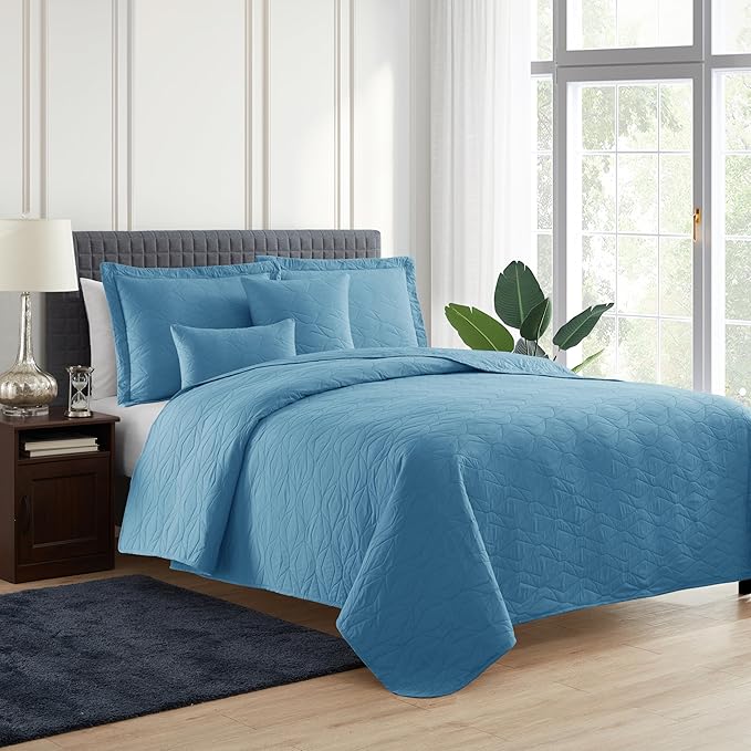 Hearth & Harbor Quilts King Size - All Season Bedspread Coverlet Set, Pinsonic Weave Lightweight Bedding Set - 5 Piece King Quilt Set with Pillow Shams, Ellipse - Blue Heaven
