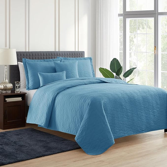 Hearth & Harbor Quilts King Size - All Season Bedspread Coverlet Set, Pinsonic Weave Lightweight Bedding Set - 5 Piece King Quilt Set with Pillow Shams, Ellipse - Blue Heaven