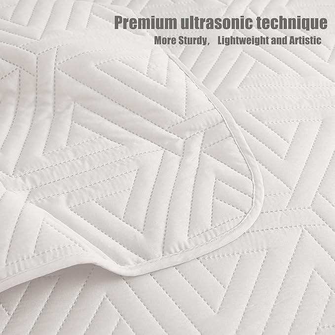 Whale Flotilla Soft Queen Size Quilt Set for All Seasons, 3-Piece Ultrasonic Geometric Quilts Bedding Set, Lightweight Reversible Bedspread, Coverlet, Bed Cover with 2 Pillow Shams, White