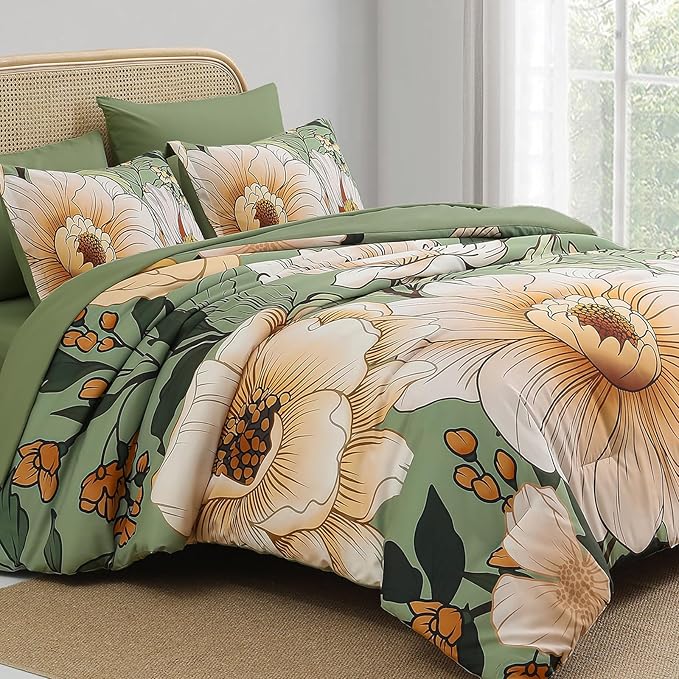 Xruibed Queen Comforter Set 7 Pieces Green Floral Comforter Set Queen Size Bed in a Bag Flower Bedding Sets Lightweight Boho Bed Set with Sheet,Pillowcases&Shams for All Season