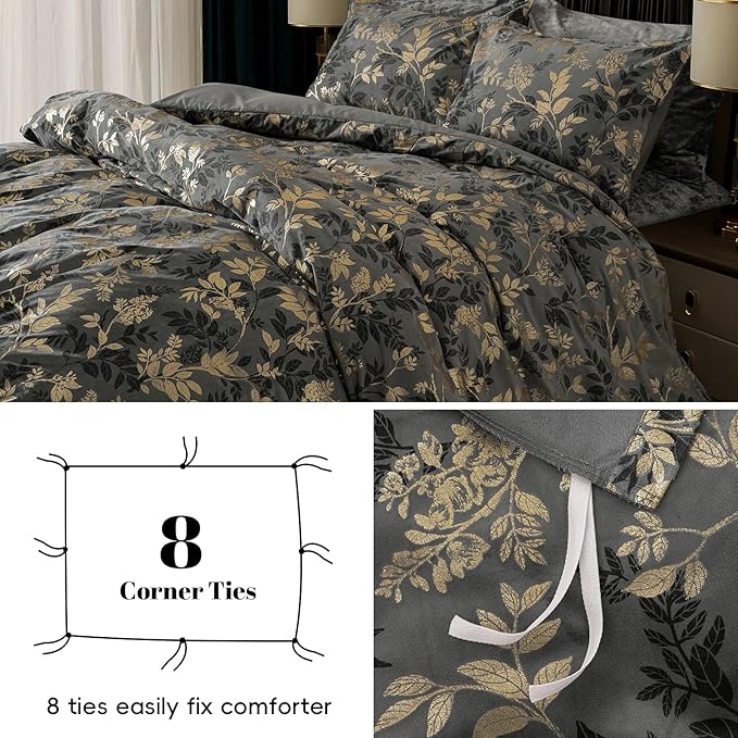 PHF Truly Velvet Duvet Cover Set King Size, 3pcs Leaves Print Ultra Soft Breathable Comforter Cover Set, Luxury Cozy Flannel Duvet Cover with Pillow Shams Bedding Collection, 104" x 90", Grey and Gold