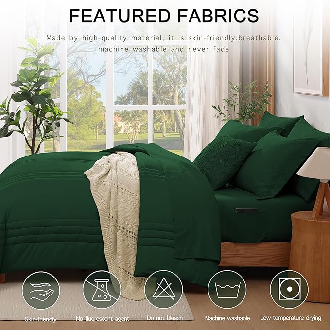 Monbix Full Comforter Set - 7 Pieces Emerald Green Bed in a Bag Full Size Bedding Sets with Comforters, All Seasons Comforter with Sheets, Pillowcases & Shams