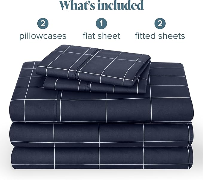 Bare Home Split King Sheet Set - 1800 Ultra-Soft Microfiber Double Brushed - Deep Pockets - Easy Fit - 5 Piece Set - Bed & Pillowcases (Split King, Grid - Midnight/White)