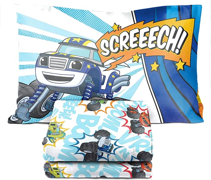 Jay Franco Blaze and The Monster Machines Off to The Races 4 Piece Toddler Size Bed Set – Super Soft Microfiber Bed Set Includes Size Comforter & Sheet Set (Official Blaze Product)