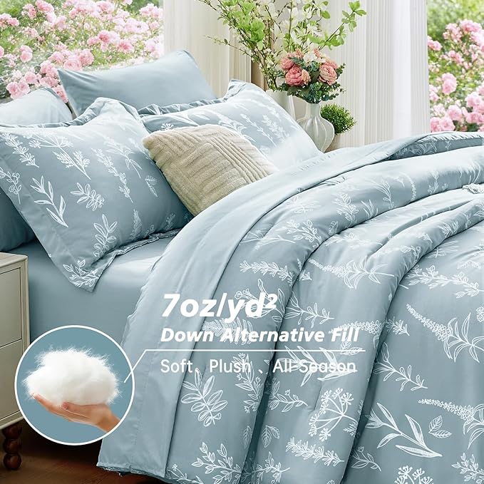 MUXHOMO Mineral Blue Cal King Comforter Set, Elegant Floral Print Bed in a Bag 7 Pieces, Ultra Soft & Breathable Reversible Botanical Pattern Bedding Set with Comforter, Sheets, Pillowcases, and Shams