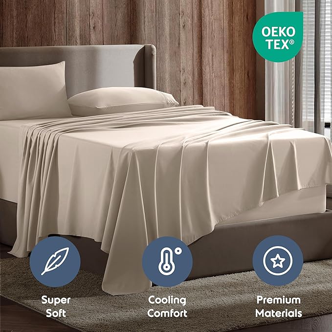 Nestl King Sheet Set - Luxury 1800 Ultra-Soft Microfiber King Bed Sheets - Double Brushed - Deep Pockets - Easy Fit - 4 Piece Set - Bedding Sheets & Pillowcases (King, Beige Cream)