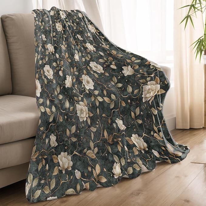 Vintage Floral Blanket Lightweight Blankets Gifts for Women Flannel Throw with Beige Flower and Gold Vine on Dark Background Printed for Sofa, Bed, Travel, Retro Decor Throws 80x60 Inch