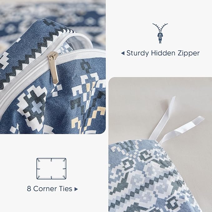Lekesky Boho Duvet Cover Queen Size, Blue Comforter Cover Queen Size White Geometric Floral Printed Duvet Set, 3 Pieces Soft Microfiber Bedding Set with Zipper Ties (Queen, 90"x90")