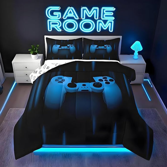 Feelyou Boys Gamer Comforter Set Full Size Bedding Set for Kids Gaming Comforter Blue Black Video Games Gamepad Room Decor for Teens Child Super Soft Geometric Duvet Quilted Son Grandson Gift