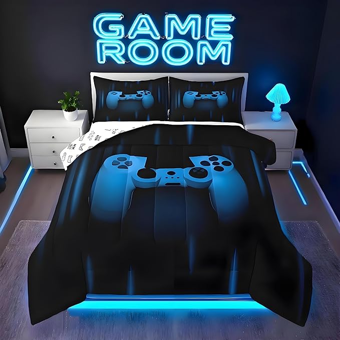Feelyou Boys Gamer Comforter Set Queen Size Bedding Set for Kids Gaming Comforter Blue Black Video Games Gamepad Room Decor for Teens Child Super Soft Geometric Duvet Quilted Son Grandson Gift
