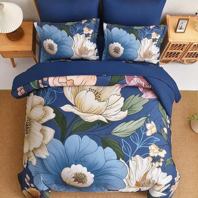 Xruibed Retro Navy Blue Floral Comforter Set King Size 7 Pieces Bed in a Bag Navy Floral Comforter Flower Bedding Sets Lightweight Boho Bed Set with Sheet, Pillowcases&Shams for All Season