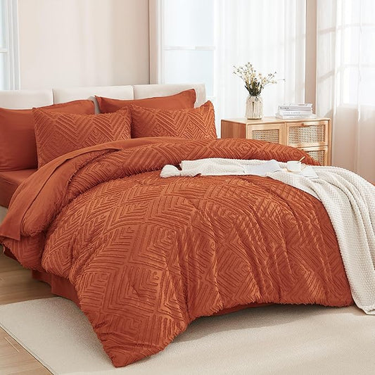 Andency Oversized Queen Comforter Set Burnt Orange - 7 Pieces Bed in a Bag Oversized Queen Boho Terracotta Bedding Comforter Sets, Rust Tufted Bed Set with Comforter, Sheets, Pillowcases & Shams