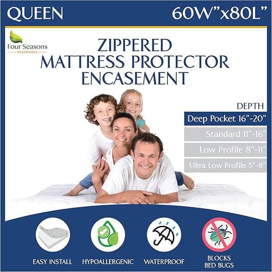 Queen Mattress Protector Bedbug Waterproof Zippered Cover - Deep Pocket Fits up to 20" Depth - Hypoallergenic Premium Quality Encasement Protects Against Dust