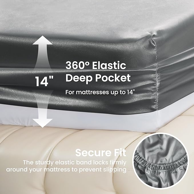 Love's cabin Full Size Satin Sheet Sets - 4 Piece Dark Grey Silky Sheet with Deep Pocket, Luxury Silk Feel Satin Bed Sheets Full Bedding Set (1 Flat Sheet,1 Fitted Sheet,2 Pillow Cases)