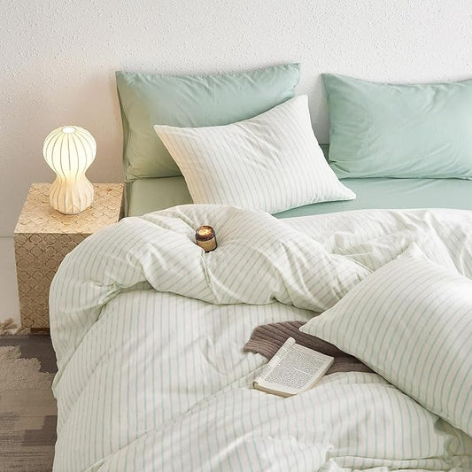 Wake In Cloud - Striped Cotton Duvet Cover Set, Ticking Stripe Vertical Pinstripe Farmhouse, 100% Washed Cotton Textured Percale Bedding Set, 3 Pieces, Aqua White, Full Size