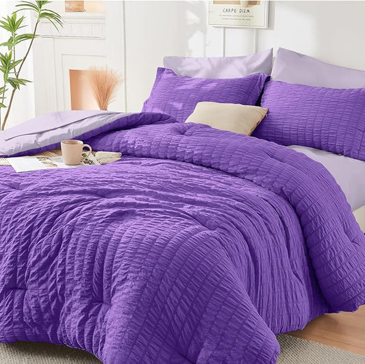HYMOKEGE Dark Purple/Lavender Twin Comforter Set Seersucker 5 Pieces, All Season Luxury Bed in a Bag for Bedroom, Bedding Set with Comforter, Sheets, Pillowcase & Sham