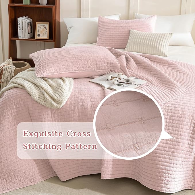 CozyTide Oversized King Bedspread 128"x120",Stone-Washed Cotton Blush Pink Oversized King Quilt Bedding Set,3 Pieces Lightweight Extra Large Farmhouse Boho Bedspread & Coverlet Sets Soft