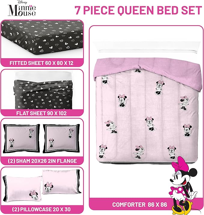 Jay Franco Kids Comforter Set Includes Sheets and Pillow Covers - Soft and Cozy Bed Set for Stylish Room Decor, Official Licensed Bedding, Multi - Minnie Mouse, 7 Piece Queen