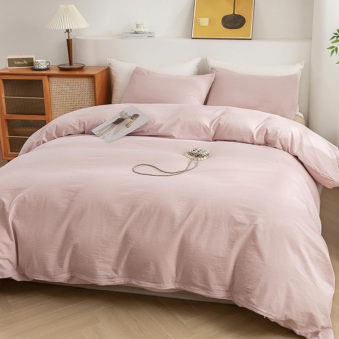 ECOCOTT Duvet Cover Set, 100% Washed Cotton Linen-Like Soft & Breathable, Durable Comfy Bedding Set for All Seasons Twin Size (Greyish Pink)