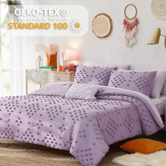 Geniospin Purple Full Comforter Set for Girls- 7 Pieces Pom Tufted Bed in A Bag Full Bedding Sets with Sheets, Pillowcases & Shams, All Season Kids Comforter Set