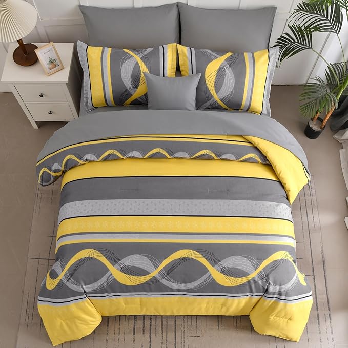Anibedding Yellow Comforter Set Twin Size,6 Pieces Bed in a Bag Patchwork Striped Bedding Sets,Boho Soft Microfiber Bedding Set for All Season(86"×68")