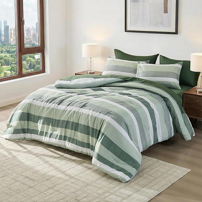 King Size Modern Striped Comforter Set, Lightweight Soft Microfiber Bedding Sets for All Season 7 Pieces Bed in A Bag Set with Comforter, Sheets, Pillowcases & Shams, Sage Green