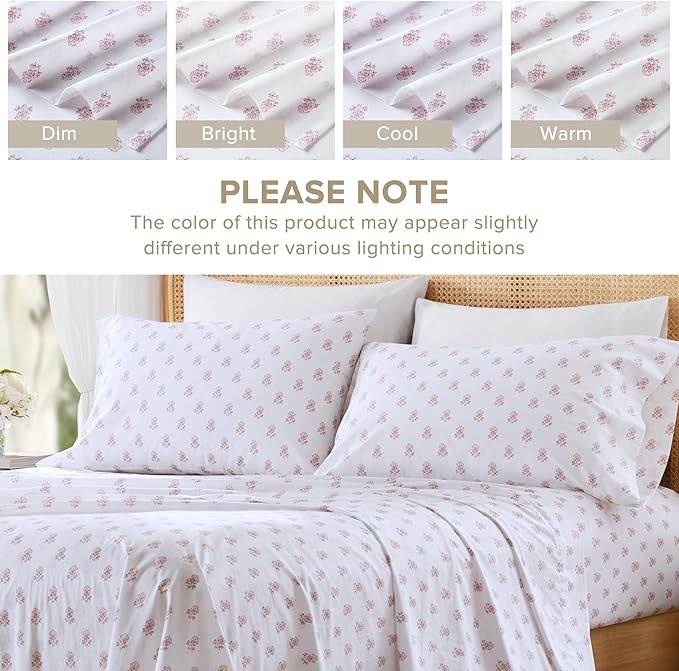 Comfort Spaces 100% Cotton Sheets Cal King, Breathable, Naturally Cool Cotton Sheets, Soft Cotton Bed Sheets with 14" Elastic Pocket Fits up to 16" Mattress, All Seasons Sheet Set, Floral Pink 4 Piece