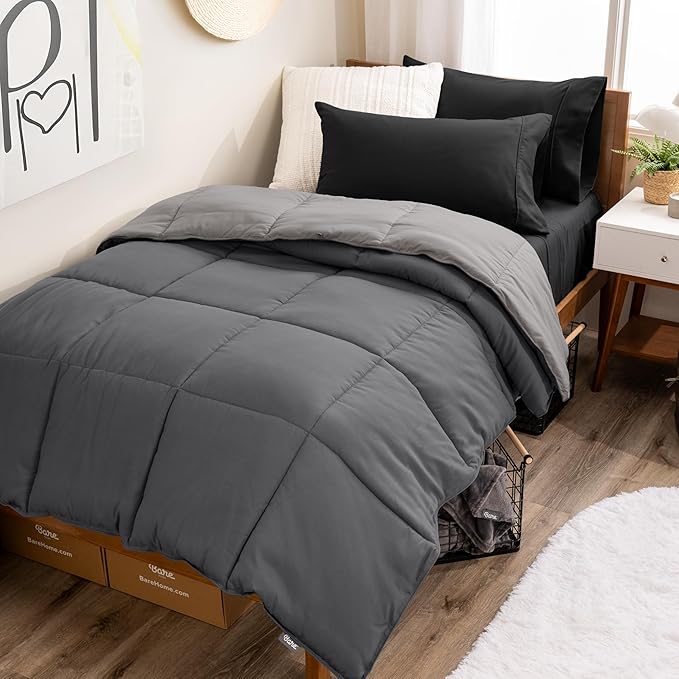 Bare Home Reversible Bed-in-A-Bag Comforter & Sheet Set - Twin - Down Alternative - Soft - Bedding Set (Twin, Grey/Light Grey, Black)