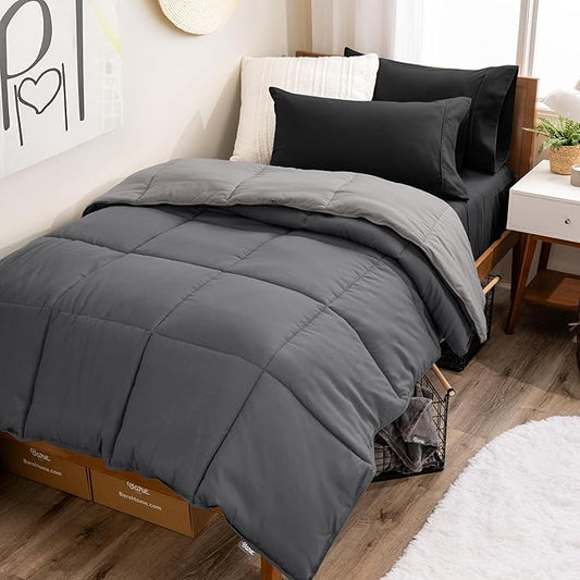 Bare Home Reversible Bed-in-A-Bag Comforter & Sheet Set - Twin - Down Alternative - Soft - Bedding Set (Twin, Grey/Light Grey, Black)