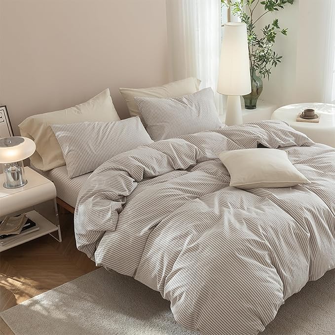 JIYUAN 100% Washed Cotton Striped Duvet Cover Set 3 Pieces Queen, 1 Duvet Cover and 2 Pillowcases(Comforter Not Included),Linen Like Comfy and Breathable,Pinstripes - Taupe White
