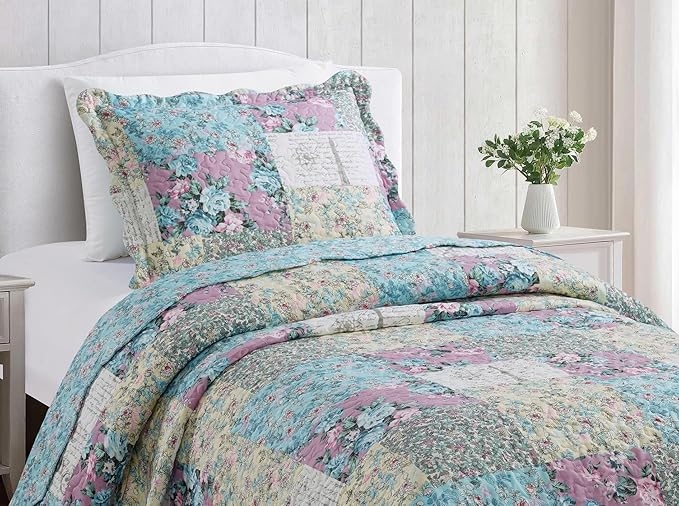 Brilliant Sunshine Lilac Rose Toile Quilt Set, 2-Piece Bedding Sets, Traditional Lively Patchwork Design, Washable, Reversible Bedspread, Soft Lightweight Coverlet, All-Season, Twin/Twin XL, Egg Blue