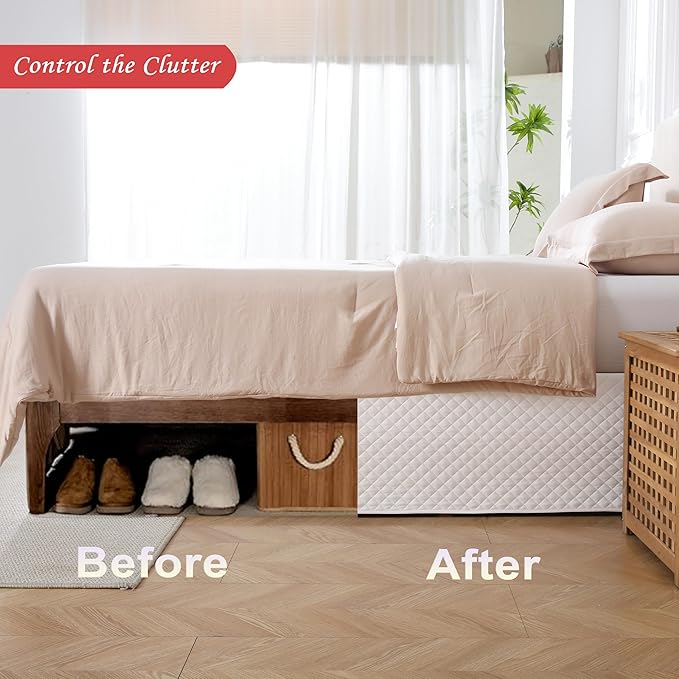 King Size White Bed Skirt with 14-Inch Drop, Easy Fit Wrap-Around Cover for Bed, Wrinkle-Free and Fade-Resistant Box Spring Cover.(White Grid, King)