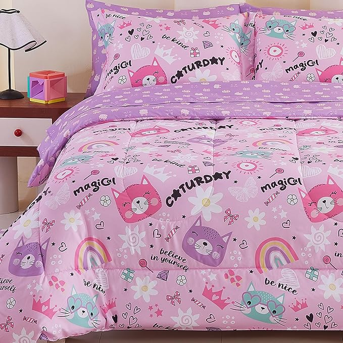 Viviland Kids Twin Bedding Sets for Girls, Soft Twin Comforter Set with Sheets, 5 Pieces Microfiber Bed in a Bag, Pink Cat Kitty