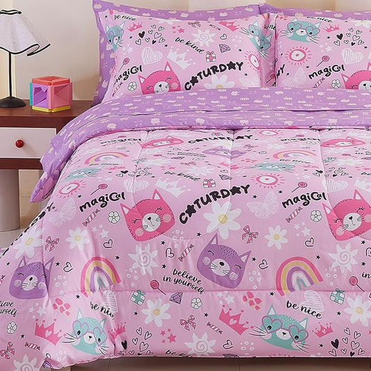 Viviland Kids Twin Bedding Sets for Girls, Soft Twin Comforter Set with Sheets, 5 Pieces Microfiber Bed in a Bag, Pink Cat Kitty
