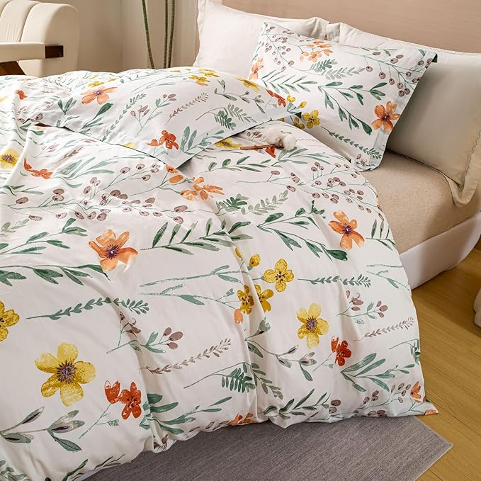 OAITE Duvet Cover Set Queen Size Floral Pattern Ultra Soft 100% Cotton Duvet Cover Sets 3-PC, Breathable Duvet Cover with Zipper Closure & Corner Ties(2 Pillow Shams,1 Duvet Cover)
