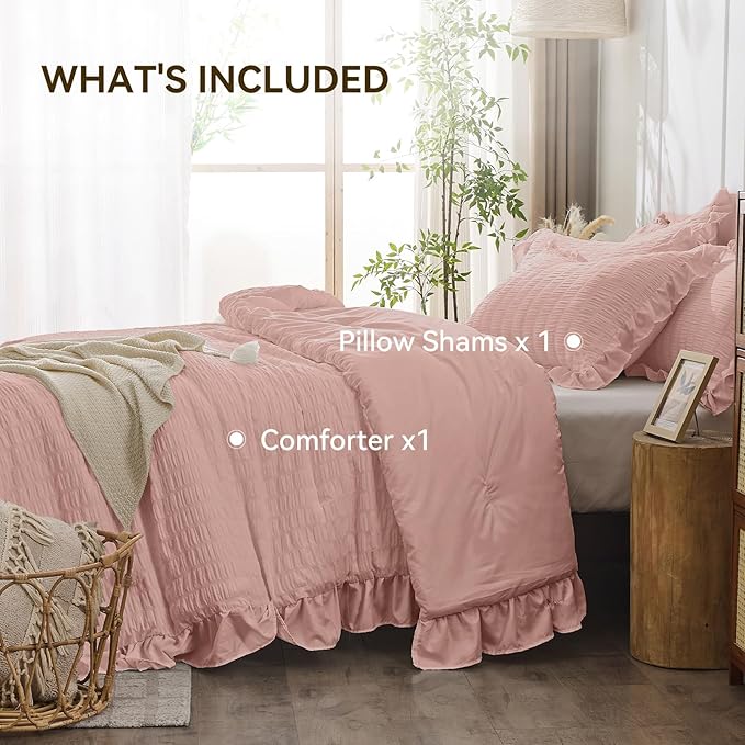 JOLLYVOGUE Twin Size Comforter Set, 2 Pieces Rose Gold Seersucker Lightweight Fluffy Bedding Set, Twin Ruffle Comforter, All Season Soft Microfiber Shabby Chic Bed Set