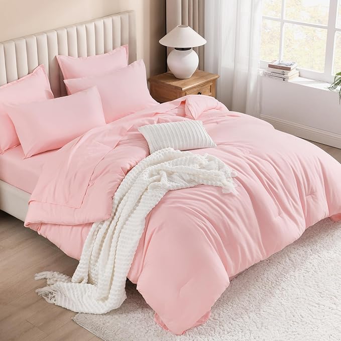 Litanika Twin XL Comforter Set Pink - 5 Pieces Twin Extra Long Bed in a Bag for College Dorm, All Season Bedding Set for Girls and Boys, Soft Bed Set with Comforter, Sheets, Pillowcase & Sham