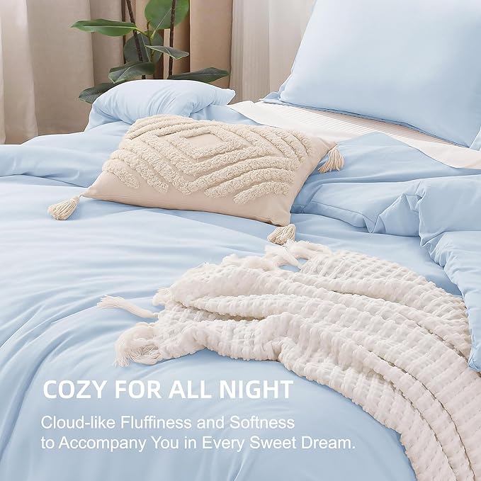 Litanika Comforters Light Blue California King Size, 3 Pieces Cal King Lightweight Solid Bedding Comforter Set, All Season Fluffy Bed Set (104x96In Comforter & 2 Pillowcases)