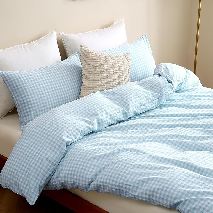 TOCOMOA Light Blue Gingham Duvet Cover Bedding Set 100% Washed Cotton Like Linen Feel Super Soft Comfy 3 Piece Vintage Plaid Checkered Comforter Cover Set (King 104"x90", Comforter Not Included)