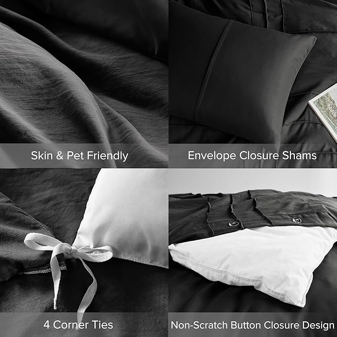 Comfort Spaces Black Twin Size Duvet Cover Set - 2 Pieces Pintuck Pleated Duvet Cover All Season Lightweight, Extra Softness Pre-Washed Microfiber Twin Bedding Cover Shams, Twin/Twin XL