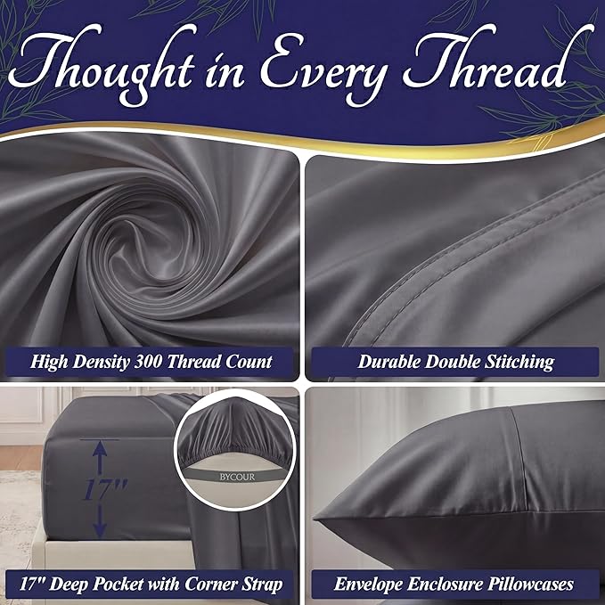 DECOLURE 100% Viscose Derived from Bamboo Sheets Twin Size - Luxury 3 Pc Naturally Cooling Sheets, Ultra Soft Bed Set - Deep 17" Pockets, Durable Double Stitching, Oeko Tex Standard (Charcoal)