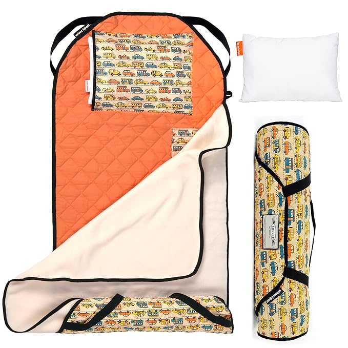 Urban Infant Tot Cot Kids Nap Mat - Toddler Preschool Daycare Bedding Cover with Blanket and Pillow - Traffic