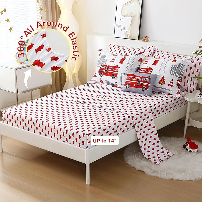 Mooreeke Kids Twin Comforter Sets for Boys 6 Pieces Fire Truck White Bedding Set for Teens Soft Microfiber Kids Bed in A Bag with Comforter, Sheet Set, Shams and Decorative Toy Pillow All Season