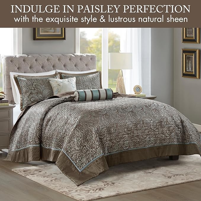 Madison Park Aubrey Reversible Quilted Bedspread Set, Solid Reverse Summer Breathable, Lightweight All Season Bedding Layer, Matching Shams, Bedspread Queen(102"x118"), Blue 5 Piece