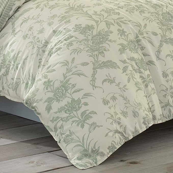 Laura Ashley Home - King Size Comforter Set, Reversible Cotton Bedding, Includes Matching Shams with Bonus Euro Shams & Throw Pillows (Natalie Sage/Off White, King)