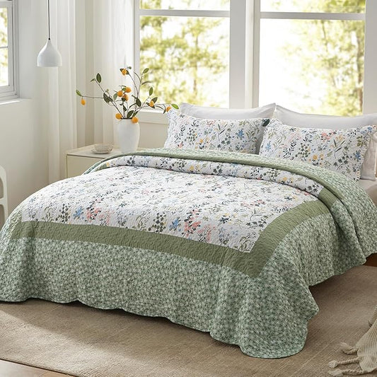 LEAONME California King Size Quilt Set 3-Piece Lightweight Bedspread Coverlet 120''x120'' Garden Style Floral Printed Oversized Bedding Set with Shams for All Season